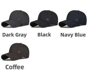 Four colors of baseball caps with 3D M-letter embroidery in grey, black, navy and coffee
