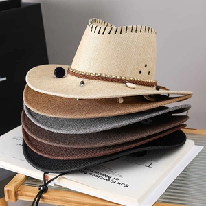 Mens woven straw cowboy hat set featuring wide brim and ethnic beaded leather bands