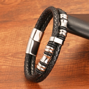 Herren Armband aus doppelt geflochtenem schwarzem Leder mit Magnetverschluss aus Edelstahl
