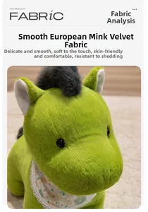 Detail of green plush horse toy with smooth fabric, black mane and floral lace scarf