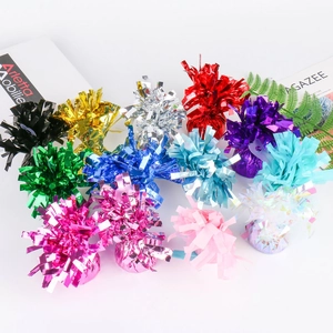 Colorful foil balloon weights in various metallic shades for festive party decorations