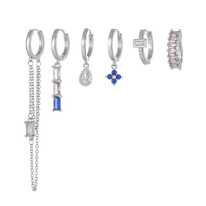 Detail of six S925 silver needle earrings with colorful zircon and chain tassels
