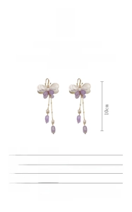 Detail of baroque pearl earrings with purple tassels and S925 silver 18K gold hooks