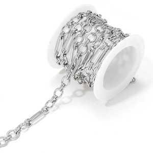 Detailed macro view of silver stainless steel geometric oval and circular link chain spool