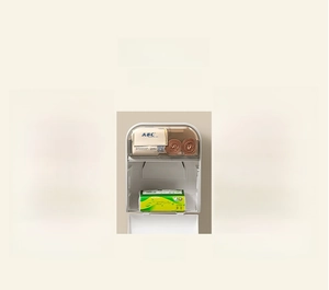 Detail showing wall-mounted tissue box storage for rolls, facial tissues, and wet wipes