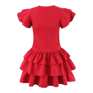 Vibrant red girls' tiered cake dress with flutter sleeves on a plain white background