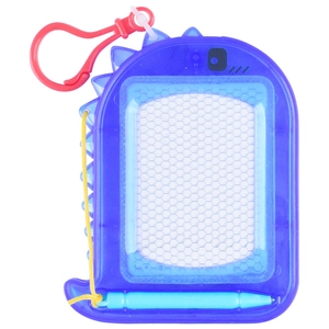 Blue dinosaur shaped mini magnetic drawing board with stylus and red clip for kids
