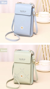 Vertical floral phone bag with daisy embroidery in light blue and green color variants