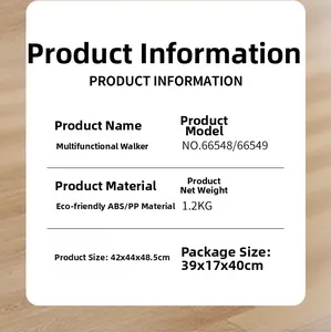 Detailed product specifications for multi-functional baby walker with ABS material dimensions