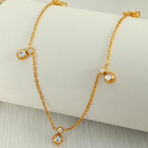 Stainless Steel Necklace Gold Plated With Round Bezel Set Zircon Crystal Pendants Minimalist Elegant Jewelry For Women