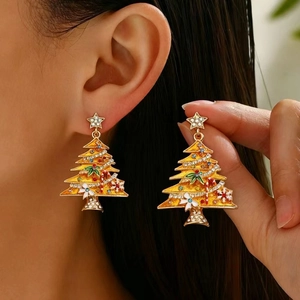 Sparkling Christmas tree stud earrings with gold plating and colorful crystals for women