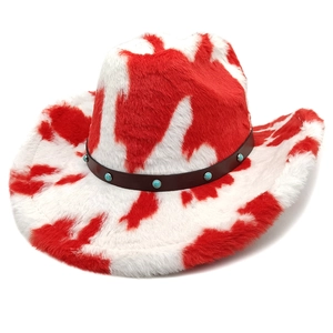 Western cowboy hat with red and white cow print plush texture and turquoise stud band