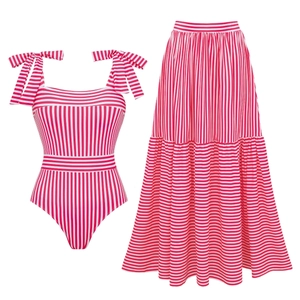 Striped Swimsuit With Bow Tie Straps And Tiered Skirt Women Beach Vacation Quick Dry High Elasticity Swimwear