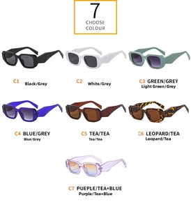 Detailed grid of rectangle sunglasses in seven different color frames and lens combinations