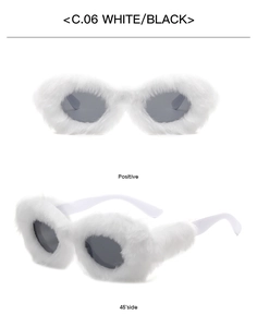 Détails de lunettes de soleil ovales en fausse fourrure blanche avec verres foncés