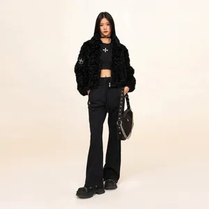 Women black casual flare pants and fur jacket set with white cross flower logo patterns