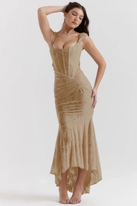 Close-up of beige off-shoulder maxi dress with 3D floral texture and boning detail