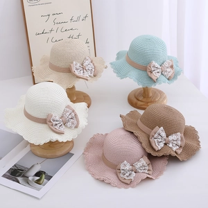 Kids Straw Hat With Lace Bow Sun Protection Summer Beach Girls Princess Wavy Brim Breathable Headwear And Bag