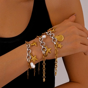 Ocean Theme Charm Bracelet Stainless Steel Two-Tone Mixed Chain Starfish Shell Octopus Pendants Faux Artificial Pearl For Women