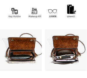 Scomparti interni della borsa vintage marrone con spazio per telefono e cosmetici