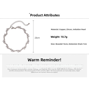Detailed size specifications for zircon pearl bracelet featuring 16cm chain and 7cm extender