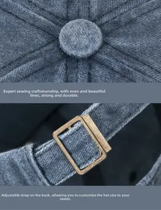 Detail of adjustable copper buckle and neat stitching on vintage navy cotton baseball cap