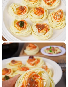 Détail de spaghettis réalistes avec sauce à la viande et herbes pour décoration de vitrine
