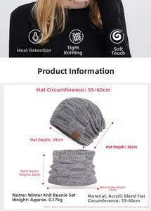 Winter-Strickmütze und Schal-Set Größentabelle mit Abmessungen und grauer Strickstruktur