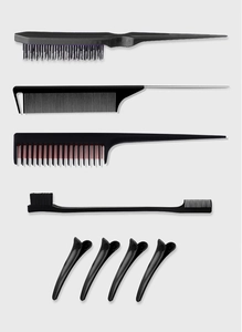 8-piece black hair styling set with combs, brushes, and professional metal hair clips