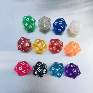 Detailed grid view of 12 colorful resin D20 dice in various vibrant shades with clear numbering