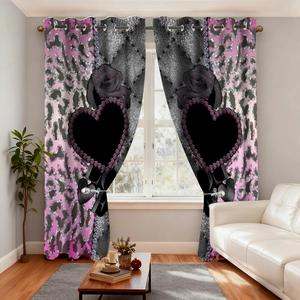 Pink leopard and dark lace velvet curtains with metal rings in a modern living room