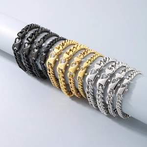 Detailed display of Cuban link bracelets in gold, silver and black stainless steel