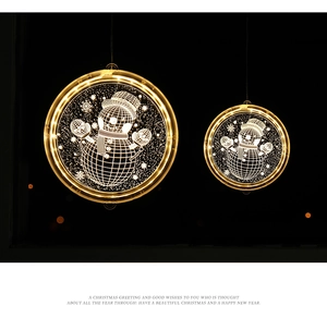 Detail of circular 3D acrylic Christmas lights featuring glowing LED snowman patterns