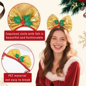 Christmas headband with gold sequin bow and festive holly berries for holiday party costumes