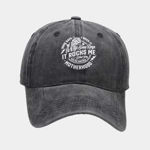 Detail of washed charcoal cotton baseball cap featuring motherhood rock style print