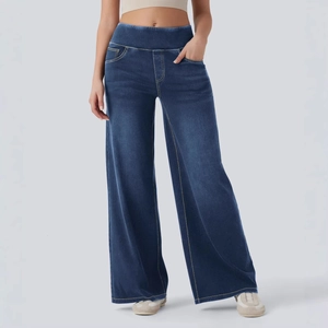 Damen-Jeans mit hoher Taille und weitem Bein in Dunkelblau mit gelben Kontrastnähten