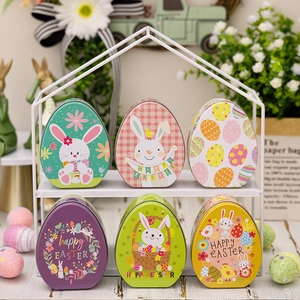 Set of 6 Easter bunny egg-shaped tinplate candy gift boxes with festive display stand