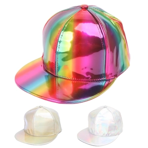 Holographic PU Leather Baseball Cap Laser Metallic Reflective Flat Brim Snapback Hip Hop Streetwear Hat Unisex