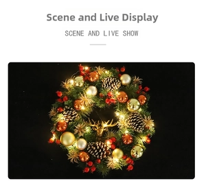 Detail of Christmas wreath with pine cones, golden deer head and warm LED lights