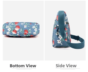 Detail view of floral crossbody bag showing reinforced bottom and elastic side pocket