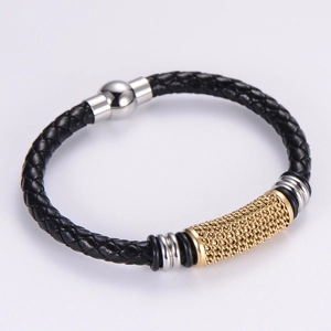 Braided Leather Bracelet Stainless Steel Mesh Tubes Spherical Magnetic Clasp Minimalist Fashion Unisex Jewelry