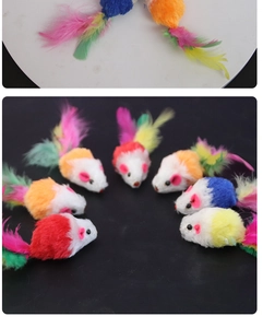 Detail of colorful plush toy mice featuring vibrant feathers for cat interaction