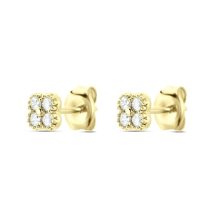 Macro view of gold flower stud earrings with turquoise petals and zircon accents