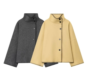 Detailed view of women's wool-blend coats featuring high collar and side button closure