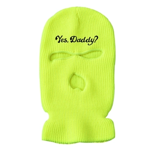 Neon yellow 3-hole knitted ski mask with black Yes Daddy embroidery on forehead