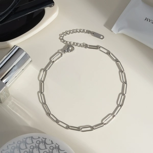 Polished silver stainless steel paperclip chain necklace with lobster clasp and extender