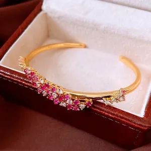 Bracelet Jonc Ouvert Vintage Cuivre Plaqué Or 18K Vague Cluster Zircon Bijoux Rétro Luxe Léger Français Femmes