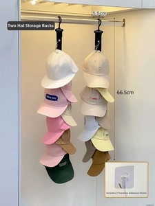 Macro detail of hanging hat organizer with metal clips and storage hooks for baseball caps