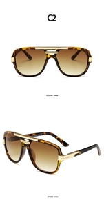 Detail view of square pilot sunglasses with tortoiseshell frame and gradient brown lenses