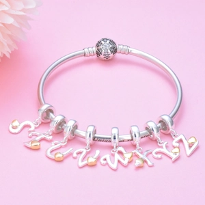 S925 silver snake chain bracelet with golden heart letter charms and snowflake clasp
